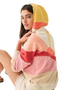Tie-Dye Sunrise Faherty Colorblock Hoodie Sweater - Cream & Pink